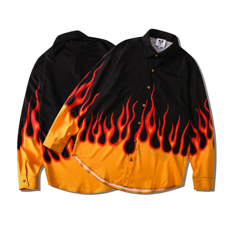 Y2k Herbst neue Trendyol koreanischen Stil übergroße Langarm hemden für Männer Mode lässig Herren Flame Print Shirt Paar Streetwear