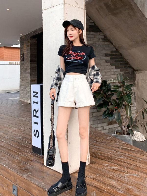 Pantaloncini donna Denim vita alta a-line sciolto stile coreano estate semplici nozioni di base tutto-fiammifero Streetwear studenti per il tempo libero elegante Chic