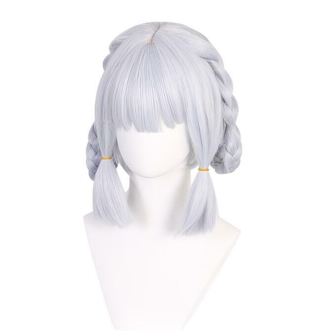 Game Genshin Impact Kamisato Ayaka Springbloom Missive Wig Short Silvery White Synthetic Hair Wig for Party