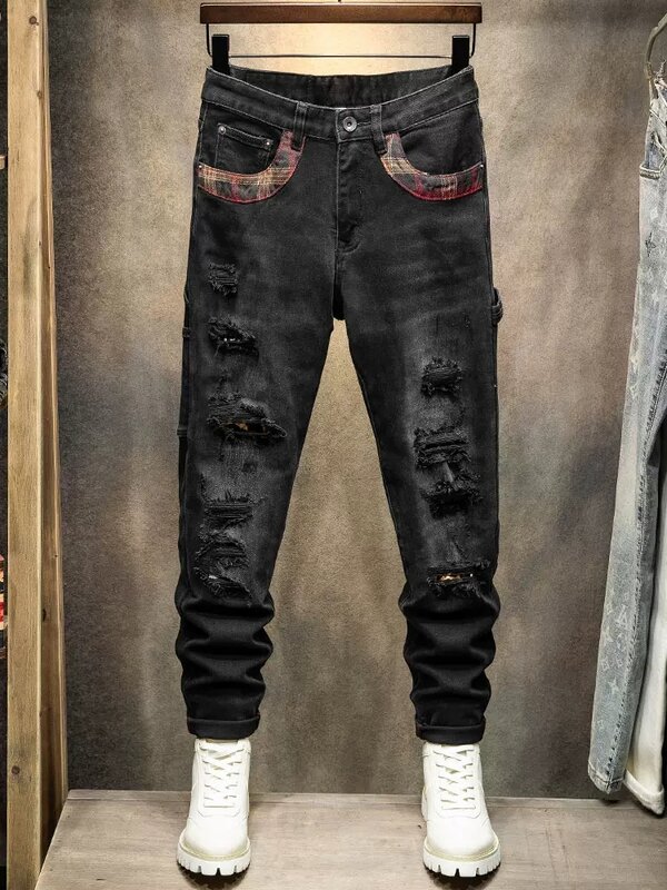 Jeans retrô elástico rasgado masculino, calça jeans multi bolsos, calça hip-hop, ajuste justo, estilista vintage