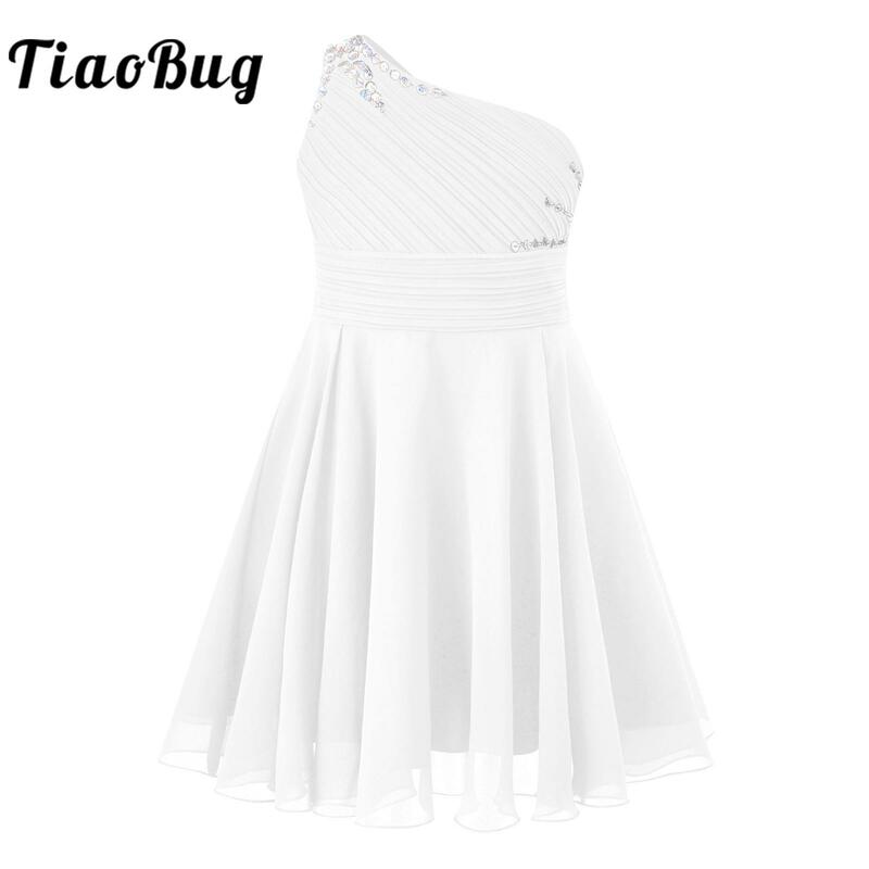 Kids Girls Dress One Shoulder Sleeveless Ruched A-Line Chiffon Dresses for Pageant Flower Girl Clothes Wedding Party Costumes