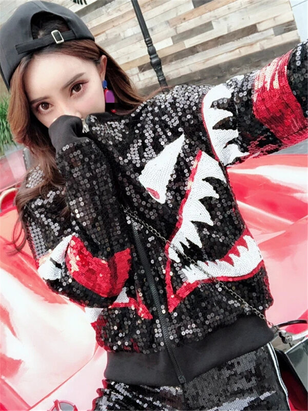 Outono inverno sweetarts jaqueta 2022 roupas femininas soltas hip hop solto tubarão paillette zíper moda rua coreano