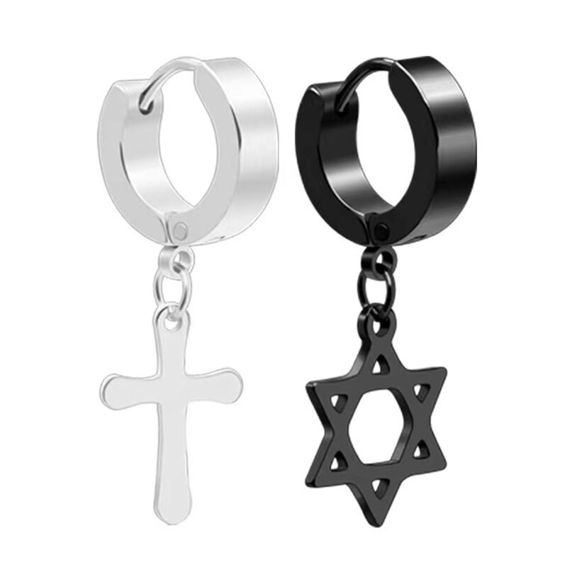 1Pc Punk Cross Pendant Earrings Men Women Christian Dangle Gothic Hip Hop Fashion Piercing Jewelry Titanium Steel Star Ear Hoop