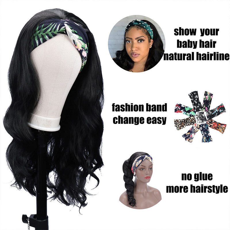 Glueless Headband Wig Human Hair Long Black Body Wave Headband Wigs for Black Women Natural Looking Wavy Virgin Wig 22 inch