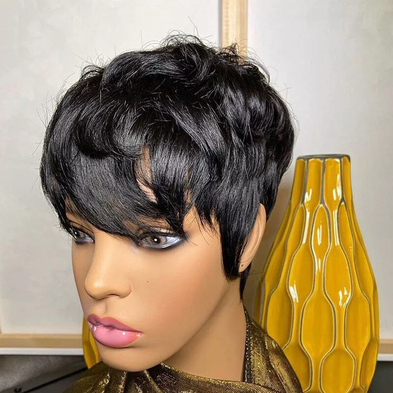 Peluca corta de corte Pixie para mujeres negras, cabello humano hecho a máquina con flequillo, sin pegamento