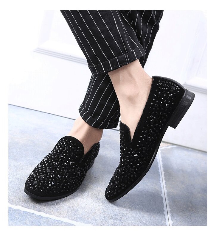 NEW Pointed Toe sequins Rhinestone Flat Shoes For Men Male Wedding Dress Prom Homecoming Shoes Zapatos Hombre Vestir