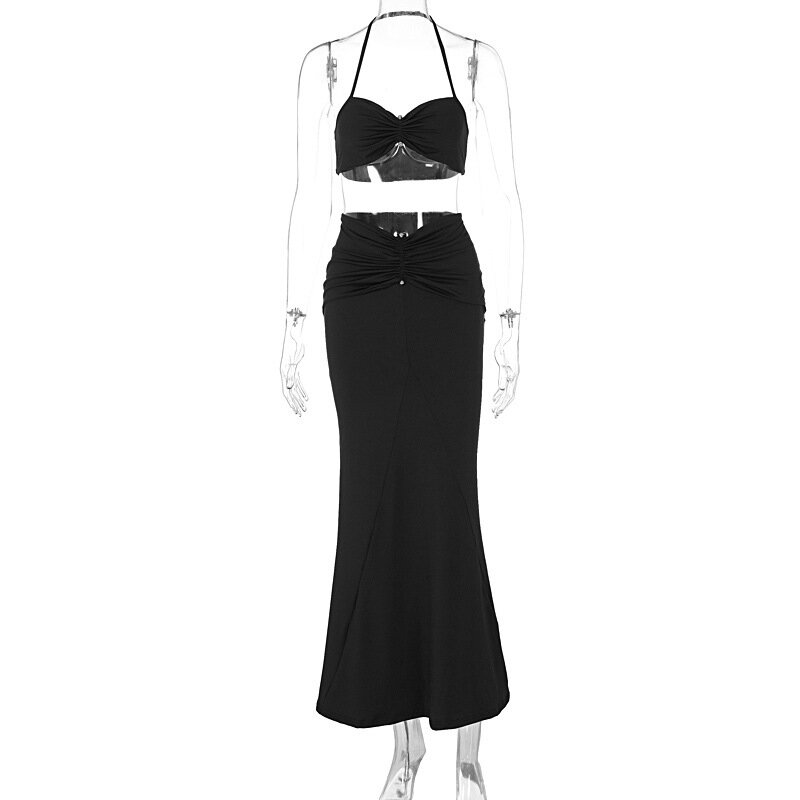 Apprabant Solid Hanging Neck Skirt Set Backless Open Navel Tank Top Sexy Pleated High Waist Wrapped Hip Skirts Suit For Women