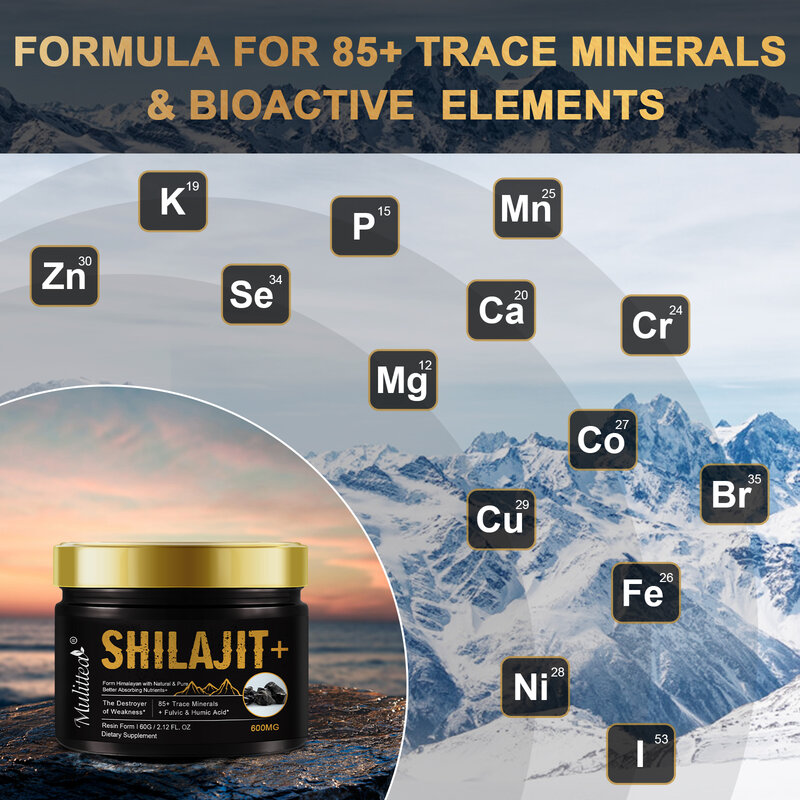 Shilajit Mineral Suplementos Mulittea, 100% Alta Pureza, Shilajit Orgânico Natural com 85 + Minerais Trace, Ácido Fúlvico
