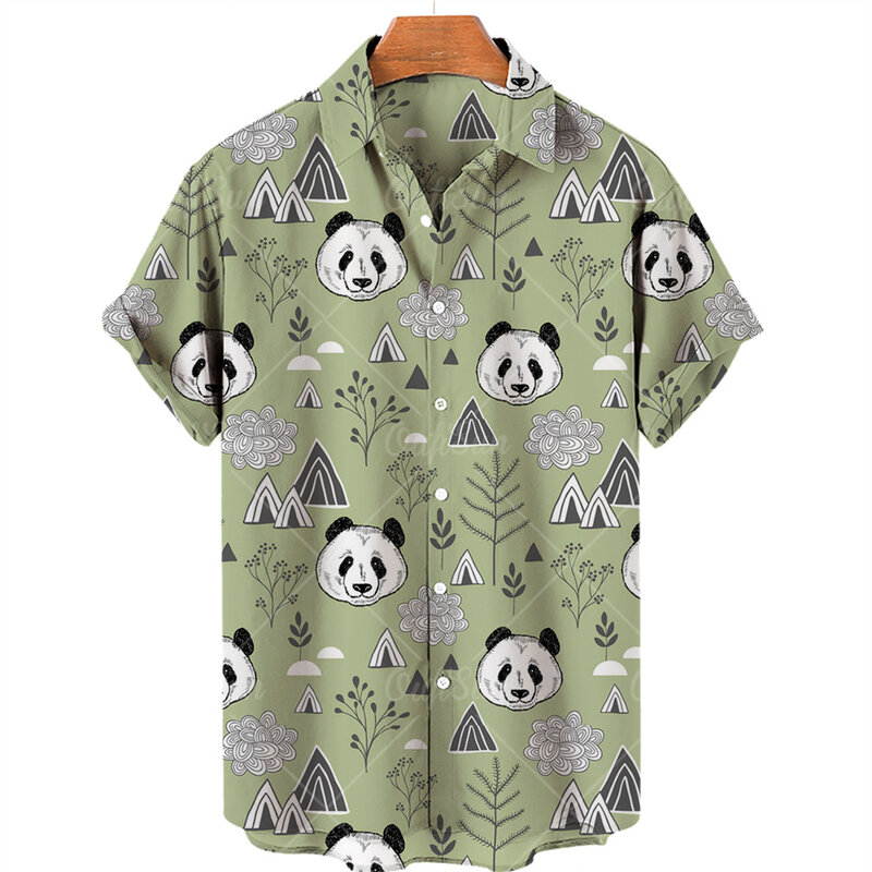 Camisa havaiana masculina e feminina panda estampa 3D, roupas de praia verão, blusa de manga curta, lapela vocacional masculina, moda masculina, fofa