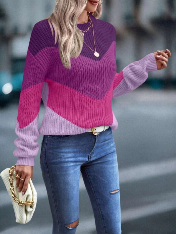 Temperamen kasual warna kontras Sweater Polo kerah musim semi dan musim gugur 2023 baru garis longgar santai kemeja wanita