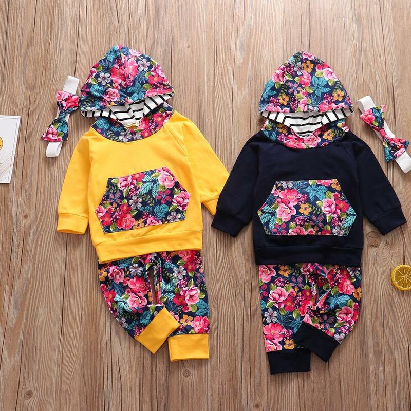 Conjunto de calças e top de manga comprida com estampa floral para bebês, roupa bonita com capuz, roupas infantis, bandana de flores, roupas de outono e inverno
