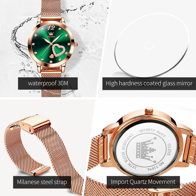 Olevs-女性用グリーンダイヤルクォーツ時計,ステンレススチール,防水,女性用腕時計,トップブランド,高級ファッション