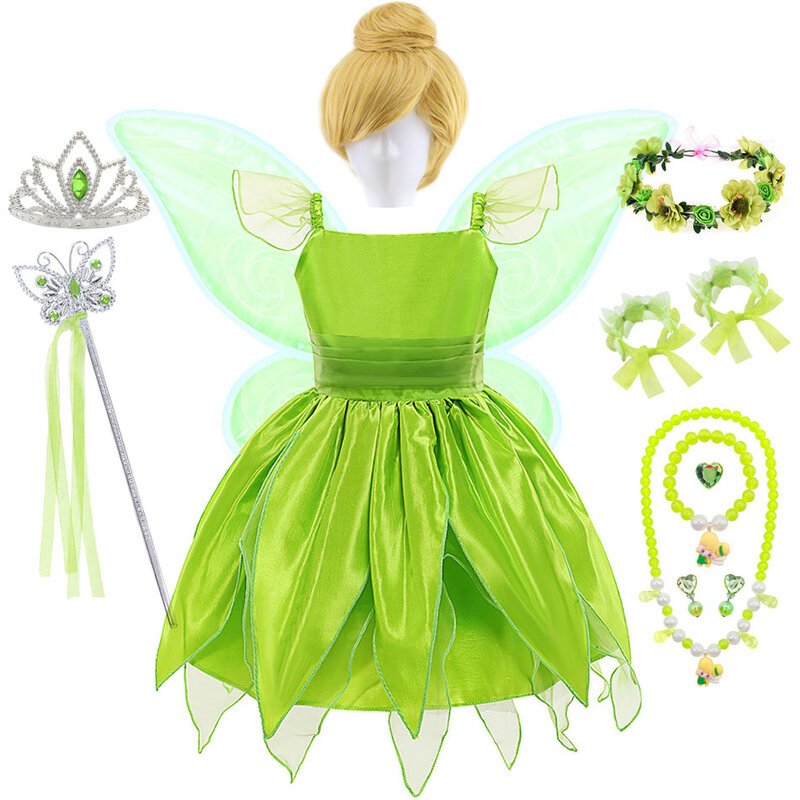Baby Girl Tinker Bell Dress Kids Green Fairy Frock Children Forest Elf Fairy Cosplay Costume Flying Sleeves Leaf Shape Outfits