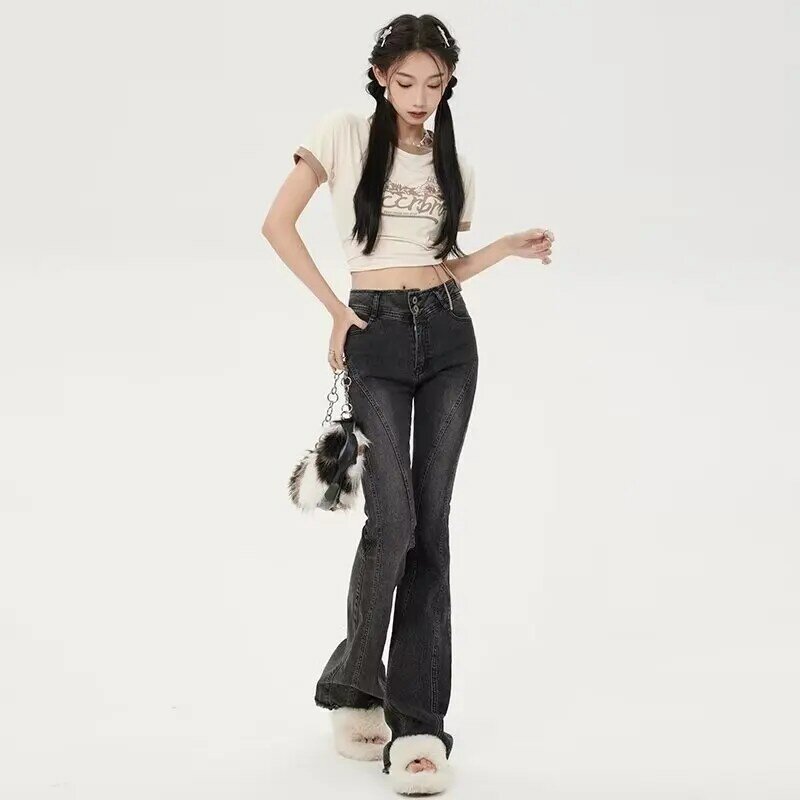 Micro jeans retrô americano pequeno para mulheres, senso de design, cintura alta e fina, calças versáteis de piso, calças esfregão