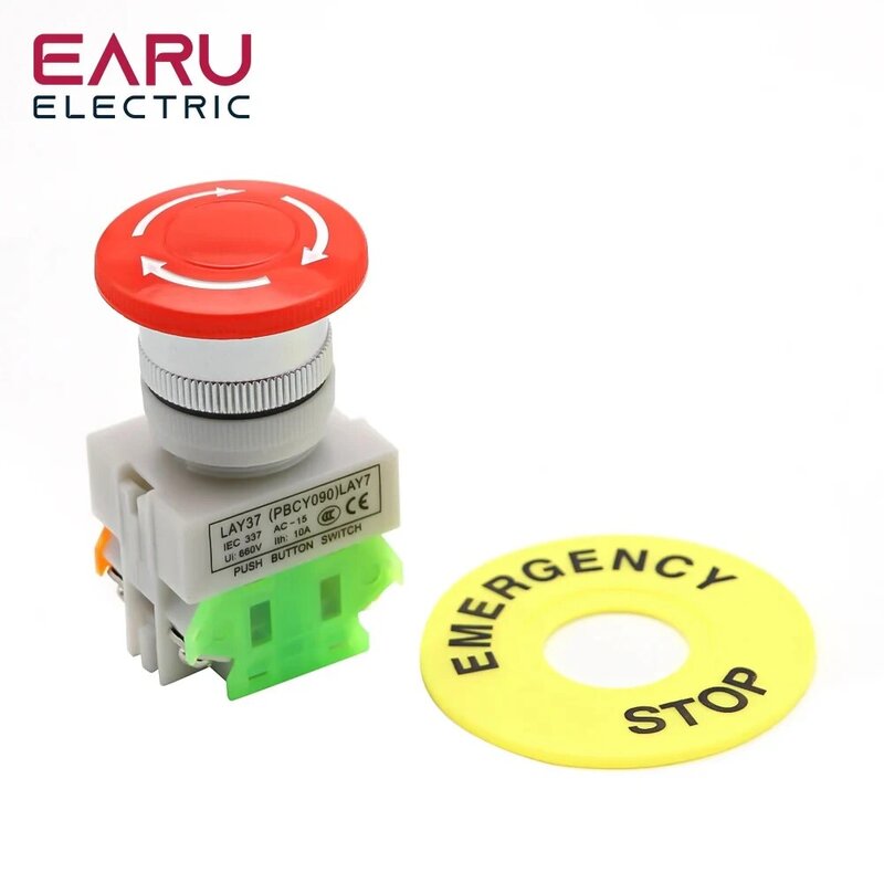 Emergency Stop Push Button Switch, Red Mushroom Cap, Switch Equipamento para Elevador Elevador Travamento Auto Bloqueio, 1NO, 1NC, DPST, AC 660V, 10A