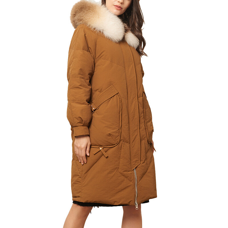 2022 nuovo piumino d'oca bianco 90 moda donna collo di pelliccia di volpe caldo di media lunghezza versione coreana cappotti da donna con cappuccio in piuma d'oca