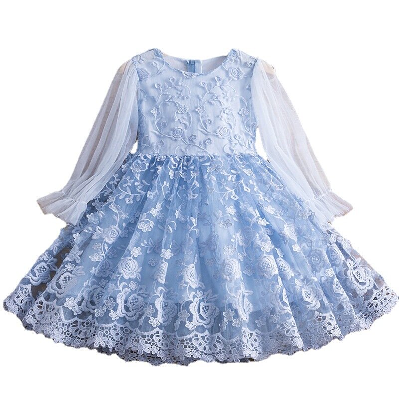 女の子の長袖花柄刺繍ドレス、子供服