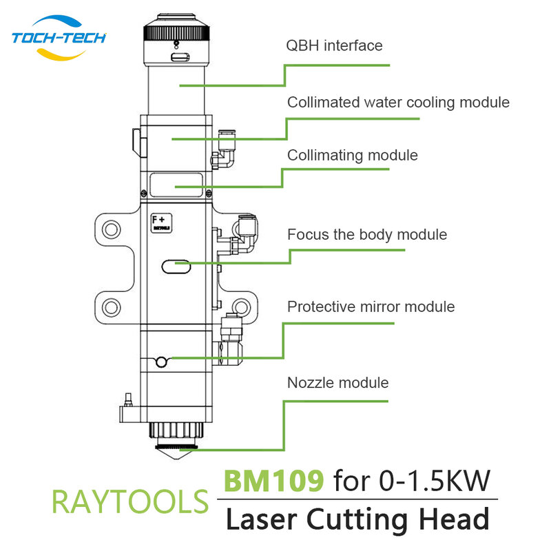 Raytools-Cabeça de corte a laser de fibra, lente de foco automático, baixa potência, F125 mm, 150mm, 200mm, BM109 para 0-1.5kW, QBH