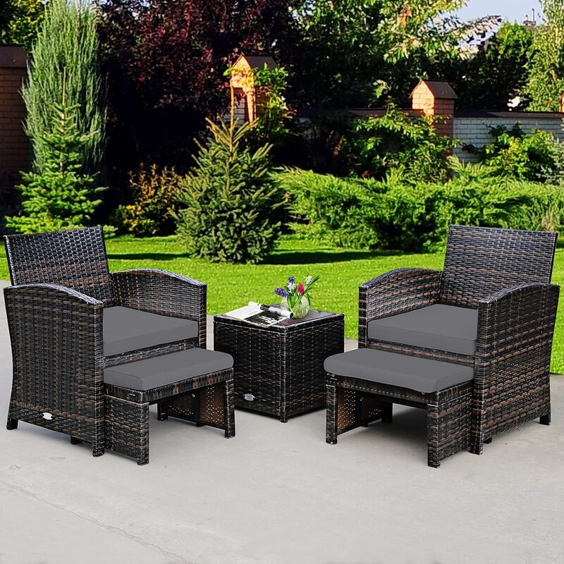 5 Pieces Patio Rattan Furniture Set, Outdoor Conversation Set with Cushioned Chair & Ottoman & Tempered Glass Coffee Table