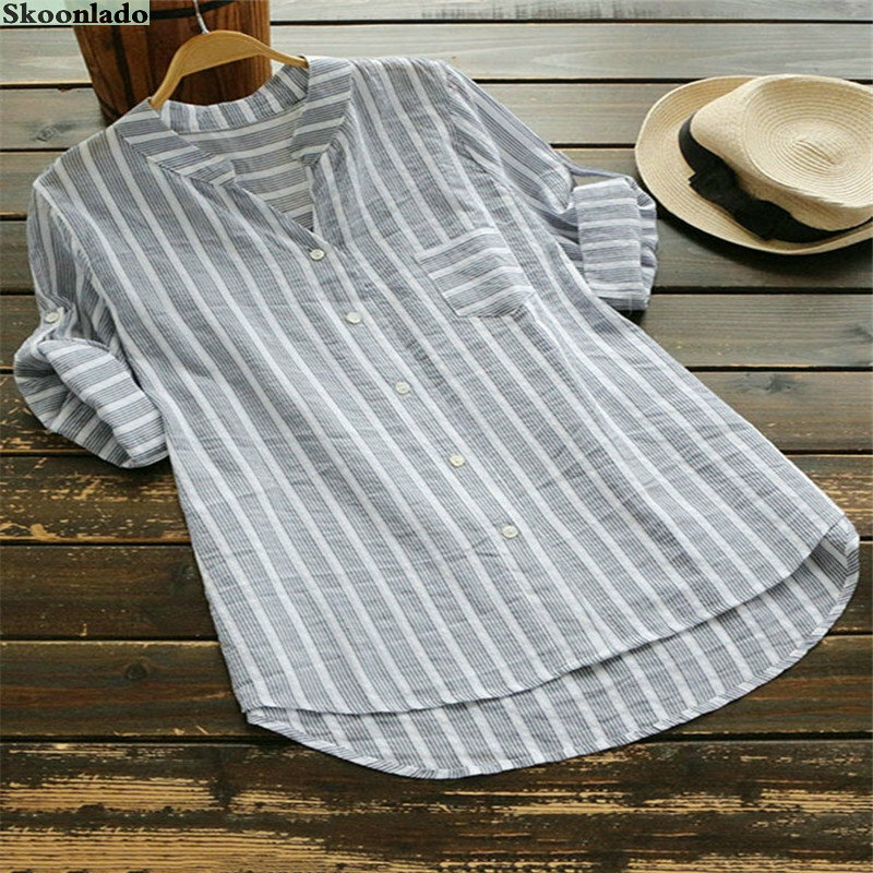 5XL Summer Elegant Women Cotton Soft Tops Long Sleeve All Size Lady Blouses Striped Classic Shirts Formal Working Clothes Office