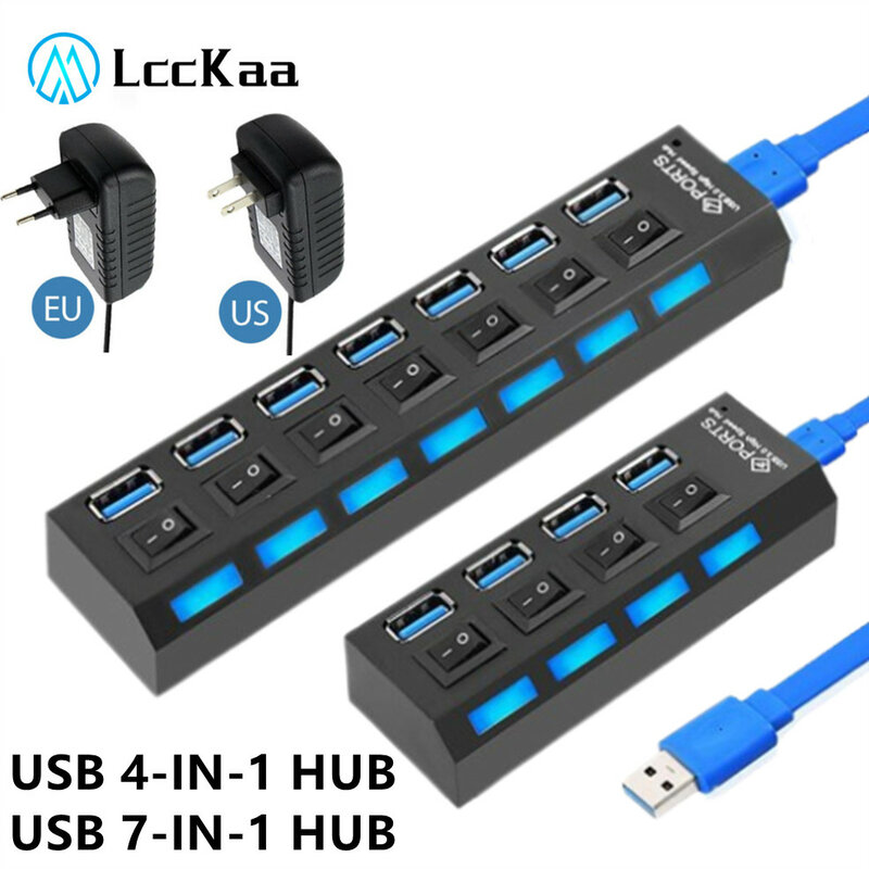 4/7 포트 USB 허브 3.0 2.0 어댑터 확장기, 고속 멀티 USB 분배기, PC 노트북용 LED 램프 스위치 포함 다중 확장기