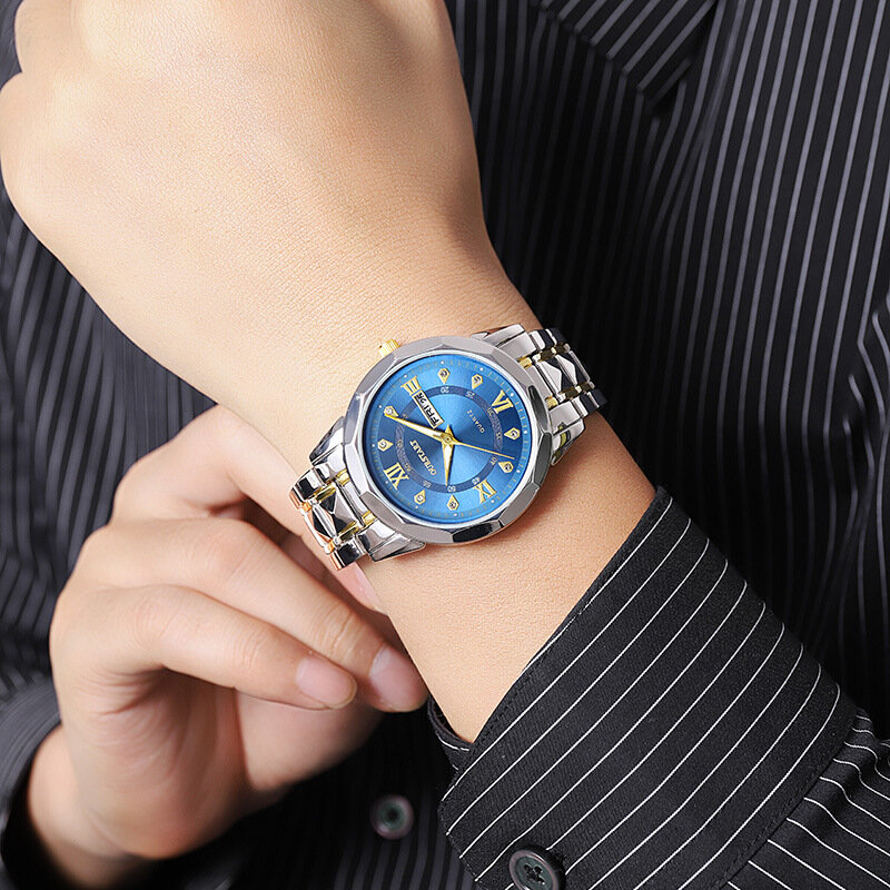 Zegarek męski nocny świecący wodoodporny biznesowy rekreacyjny pasek stalowy kwarcowy zegarek męski