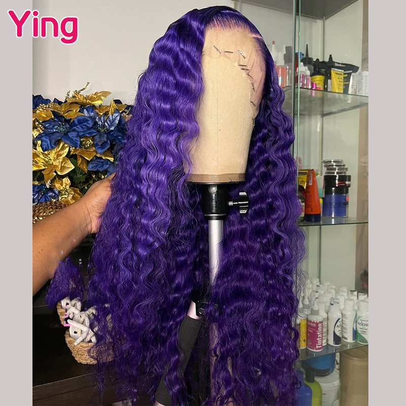 Ying-カーリーウェーブレースフロントウィッグ,事前摘み取り,赤ちゃんの髪,バイオレット,180%,紫,5x5, 13x4