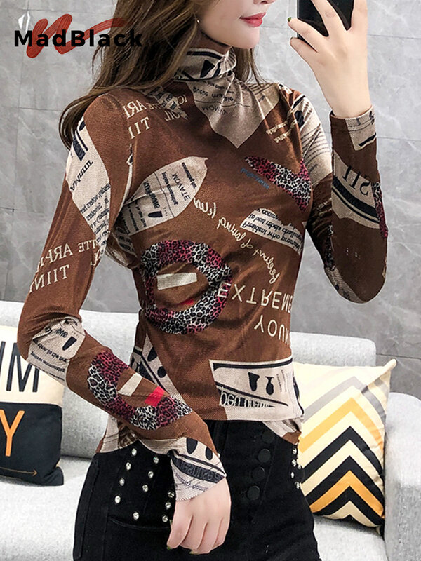 MadBlack-슬림 섹시 글자 프린팅 티셔츠 여성용, 신축성 있는 긴팔 티셔츠, 터틀넥, T31028X, 2023 가을 상품