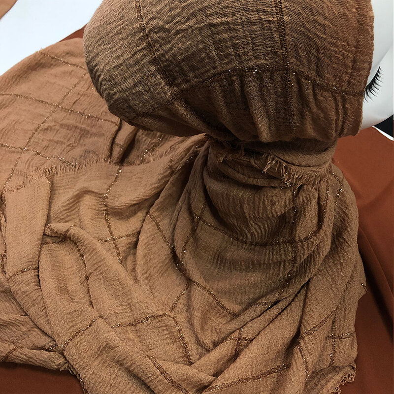 Turbante de algodão frisado para mulheres muçulmanas, hijab com lantejoulas e linhas de renda Glitter, lenço de cabeça feminino, xale rugas, turbante