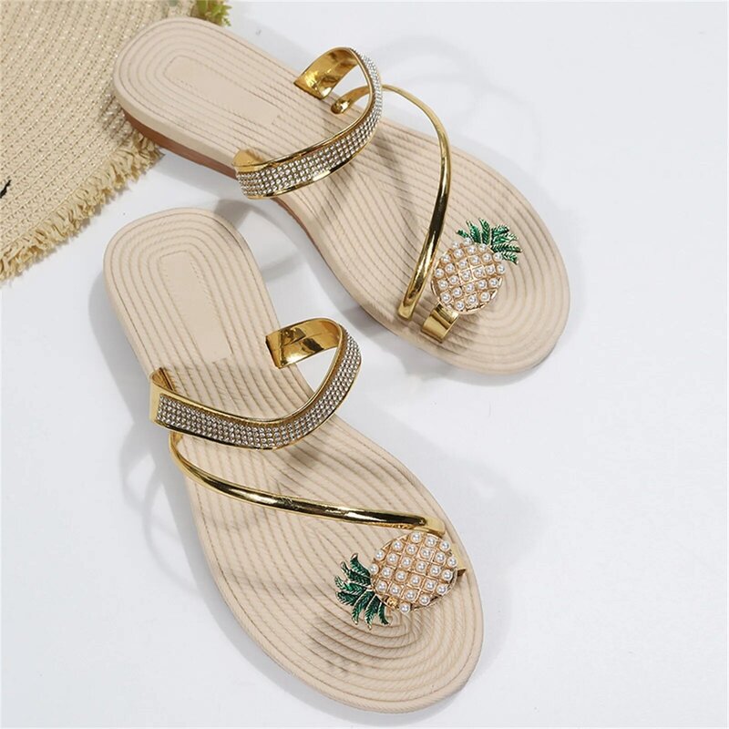 Infradito con perline di ananas sandali con perline da donna pantofole da spiaggia con punta a Clip sandali con tacco piatto scarpe estive Casual da spiaggia in cristallo