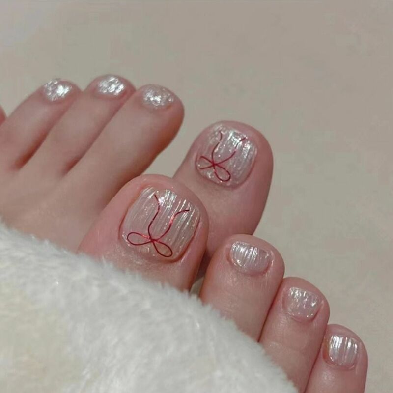 24pcs Shiny Powder Cat Eye Fake Toenails French Full Cover Cute Butterfly Short Square Toe Nails Foot Nails Tips for Women Girl