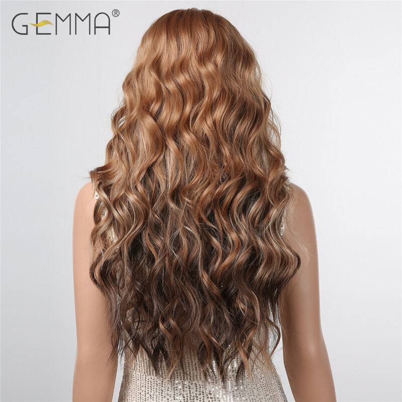 GEMMA Mixed Golden Dark Brown Long Wavy Wig with Bangs Synthetic Curly Natural Hair Women's Wig for Cosplay Daily Heat Resistant
