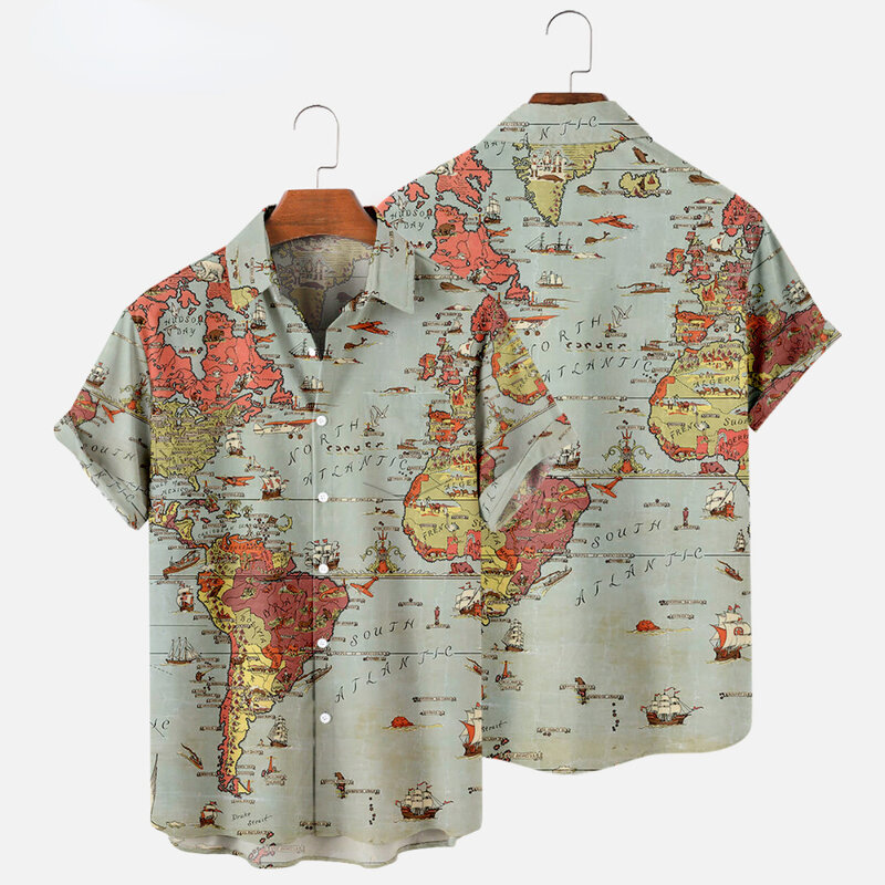 남녀공용 하와이안 셔츠, 지도 3D 프린트 셔츠, 캐주얼 옷깃 셔츠, 여름 해변 여행 블라우스