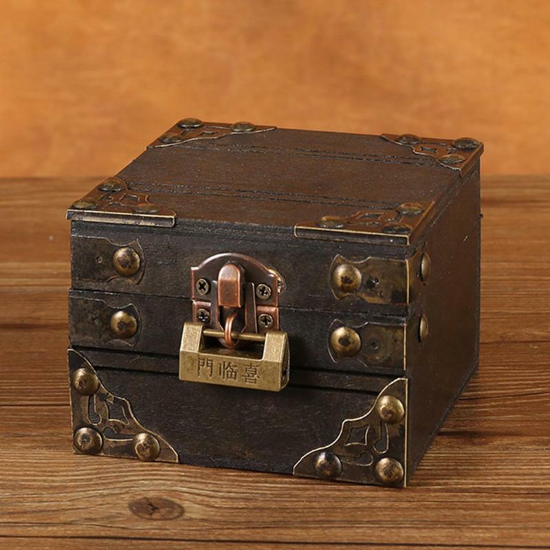 Kotak penyimpanan kayu Mini, kotak penyimpanan kayu Vintage dengan kunci harta karun Retro, pengatur perhiasan, kotak harta karun untuk hadiah anak-anak dan rumah