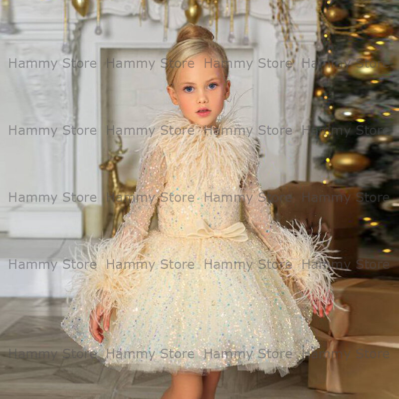 Girls Christmas Party Gown Feathers High Neck Long Sleeves Glitter Tulle Cute Tutu Dance Dresses Champagne Flower Girl Dress