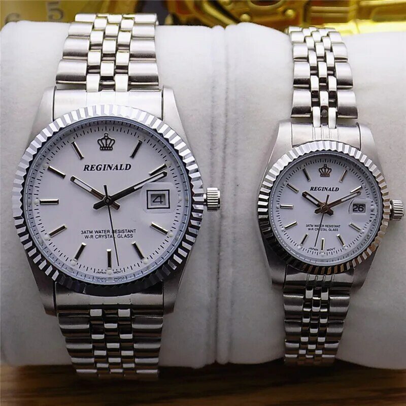 REGINALD Top Marke Uhr Mode Lässig Paar Uhren Silber 316l Edelstahl Band Auto Datum Quarz Armbanduhren Frauen Männer