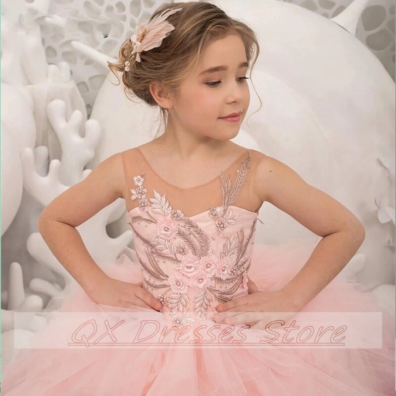 Ruffles Ball Gown Flower Girl Dresses 2022 Pink Wedding Beaded Lace Appliqued Toddler Pageant Dress Kids Formal Wear Prom فستان