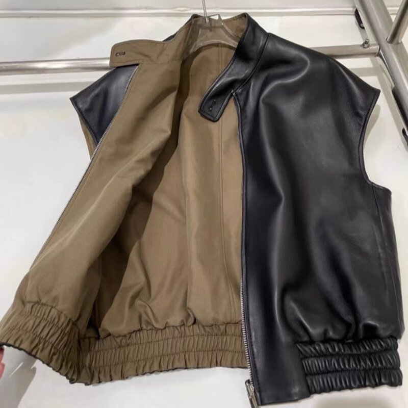 Women's Genuine Leather Vest Reversible Leather Waistcoat Lady Sheepskin Gilet Outerwear with Waistbelt TF3783