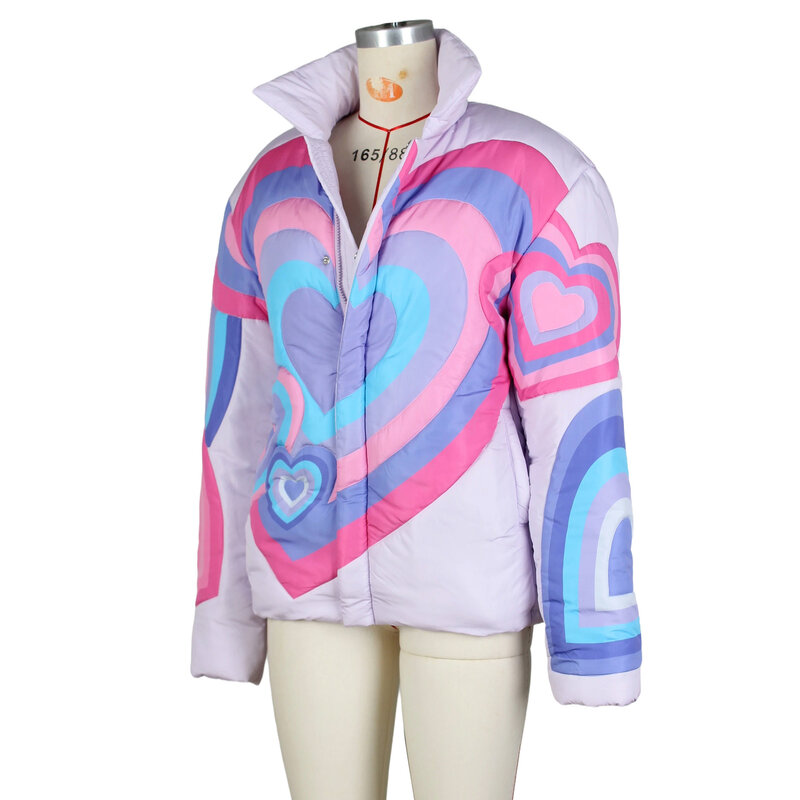 Jaqueta de manga comprida com zíper bolha feminina, jaqueta puffer acolchoada quente, estampa casual, roupa solta, patchwork, moda inverno