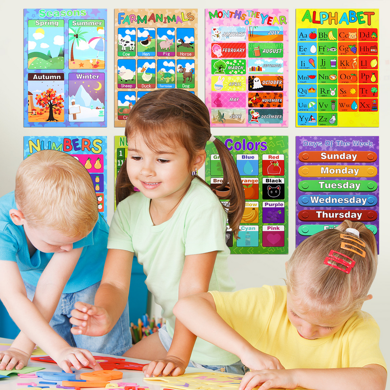 Pósteres educativos de aprendizaje preescolar, gráficos para preescolares, aulas de guardería para niños pequeños