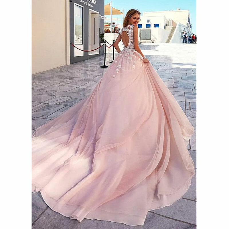 로맨틱 딥 V 넥 라인 A 라인 웨딩 드레스, 3D 구슬 수제 꽃 아플리케 블러쉬 신부 원피스, 오픈 백 롱 트레인