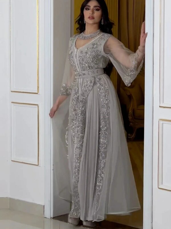 Arabische Haute Couture V-Ausschnitt Abendkleid Party glänzende Kaftan A-Linie Ballkleider elegante Perlen Kleid Vestido de Gala