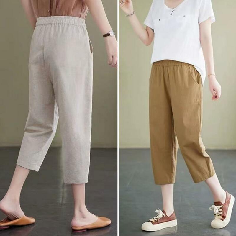 Celana warna Solid wanita, bawahan Harem setengah betis pinggang elastis kantong warna polos untuk musim panas gaya Harem kasual