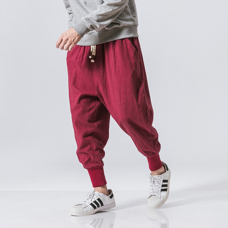 Pantalones bombachos de lino y algodón para hombre, ropa de calle con cintura elástica, holgada, estilo Retro, informal, novedad de 2023