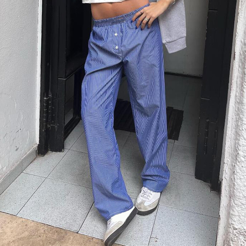 Nowe damskie spodnie Y2K Casual Cleanfit w paski elastyczne w niski stan w paski/w kratę luźne, estetyczne spodnie Streetwear z kieszeniami