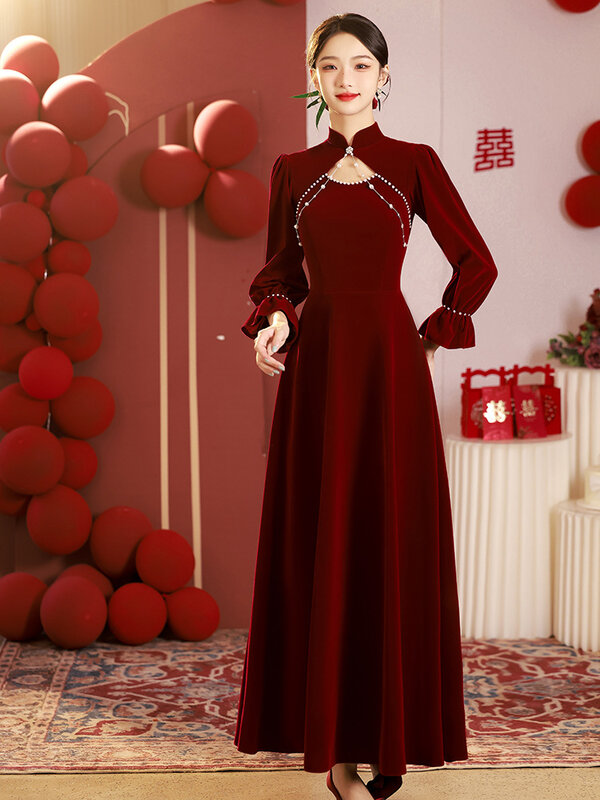 ETESANSFIN gaun pengantin tradisional, gaun pertunangan Cheongsam anggur merah baru dengan lengan panjang untuk musim gugur dan musim dingin 2024