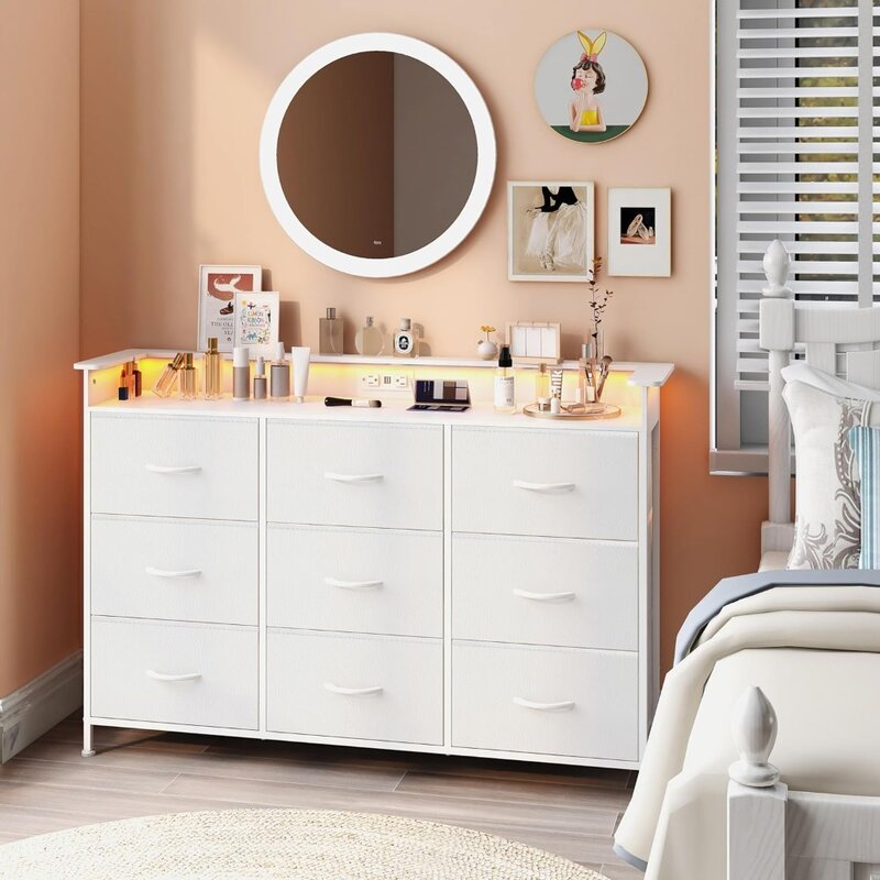 White Dresser with LED Light for Bedroom 9 Drawer Dressers with Charging Station Chests of Drawers for Entryway Closet Living