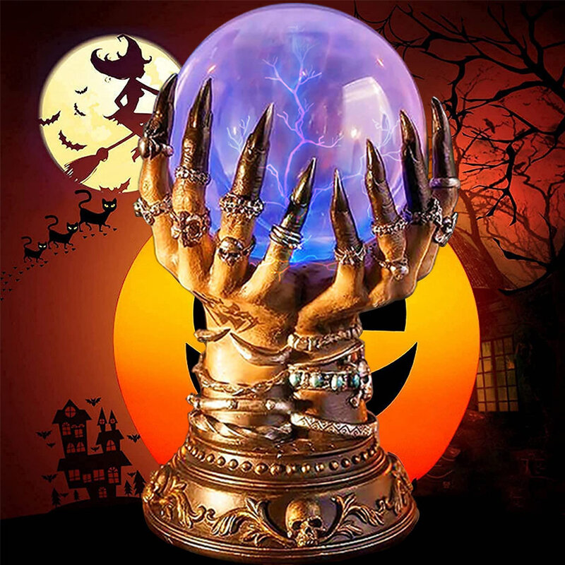 Bola de cristal brillante para Halloween, Bola de Flash de Cristal de Plasma con manos de bruja creativas, Cráneo mágico Celestial de lujo, decoración de fiesta en casa