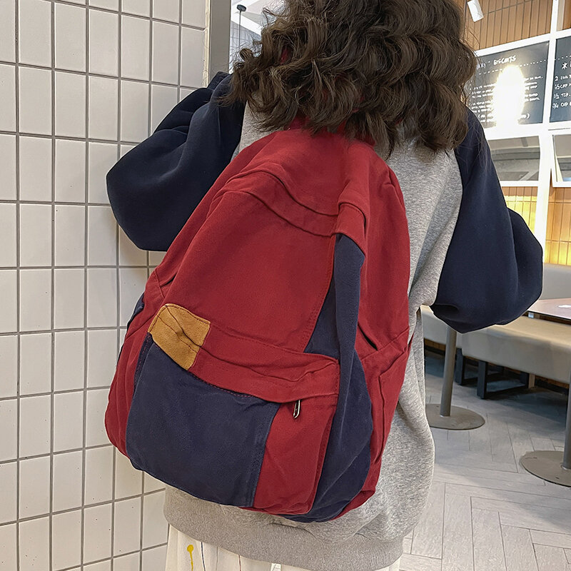Mochila de lona com painéis feminina, bolsa fofa para escola e viagem, livro, laptop, dama da moda