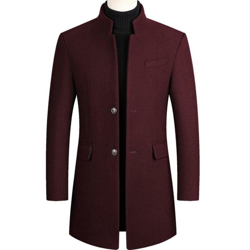 クラシックスタンドカラーウインドブレーカーコート、ポケット付きのスタイリッシュなウールコート、絶妙なボタン、秋冬